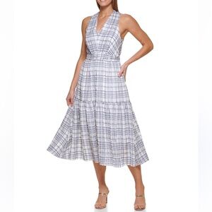DKNY blue and white plaid tiered ruffle tank maxi with v-neck size 10
